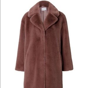 Ultra soft oversized taupe faux fur coat from Stand Studio. Below knee length.